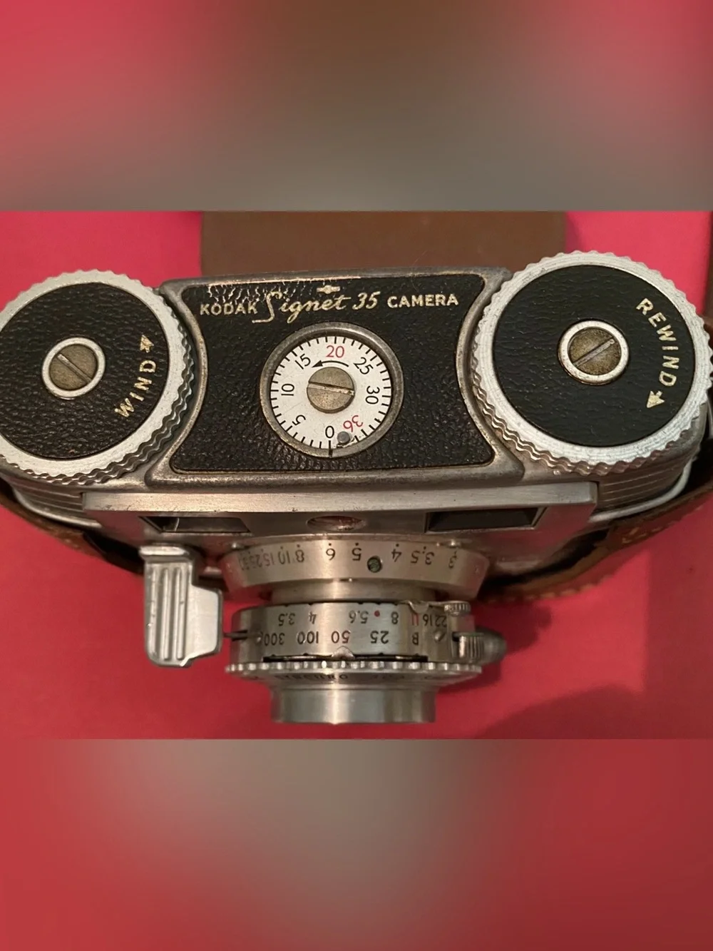 Vintage Kodak Signet 35 Camera with Brown Leather Case and Silver Metal Body